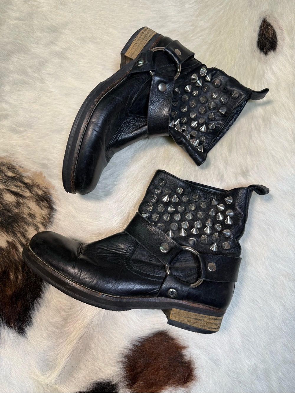 Black Leather Studded Moto Harness Boots Made in Spain Size 9